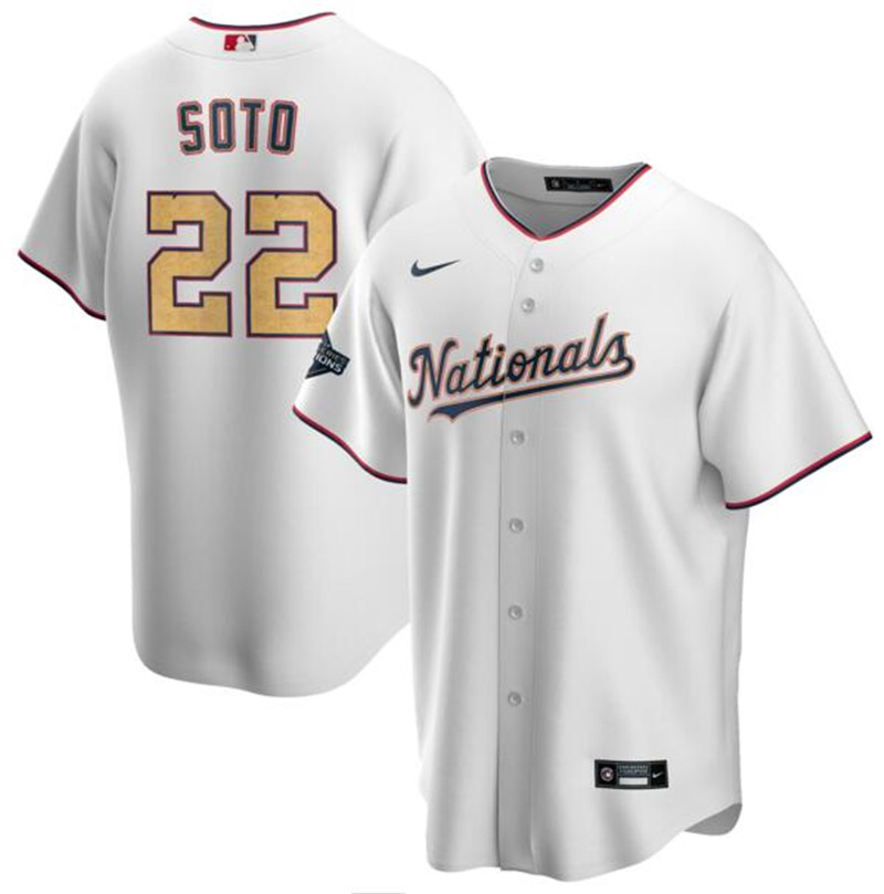 Nationals 22 Juan Soto White Gold Youth Nike 2020 Gold Program Cool Base Jersey