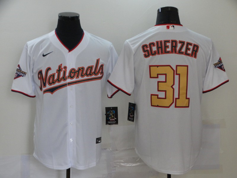 Nationals 31 Max Scherzer White Gold Nike 2020 Gold Program Cool Base Jersey