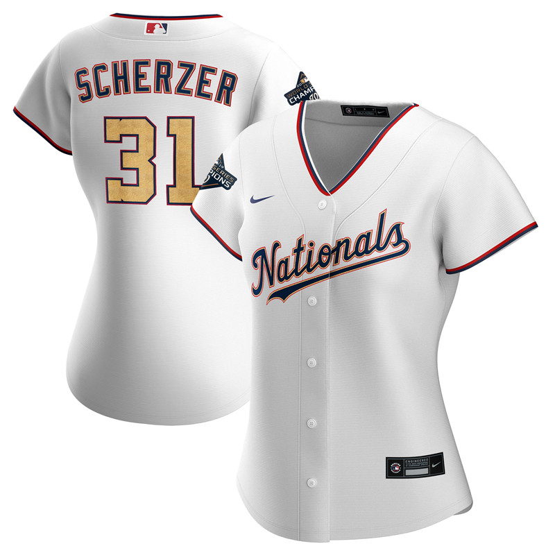 Nationals 31 Max Scherzer White Gold Women Nike 2020 Gold Program Cool Base Jersey