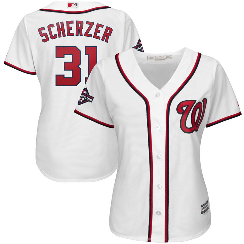 Nationals 31 Max Scherzer White Women 2019 World Series Champions Cool Base Jersey