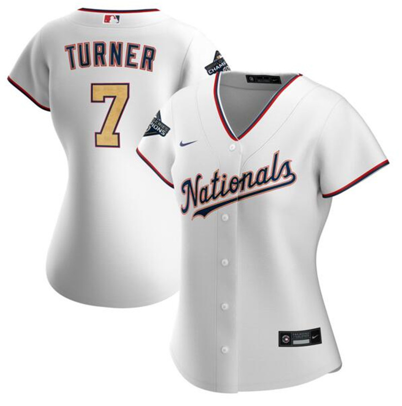 Nationals 7 Trea Turner White Gold Women Nike 2020 Gold Program Cool Base Jersey