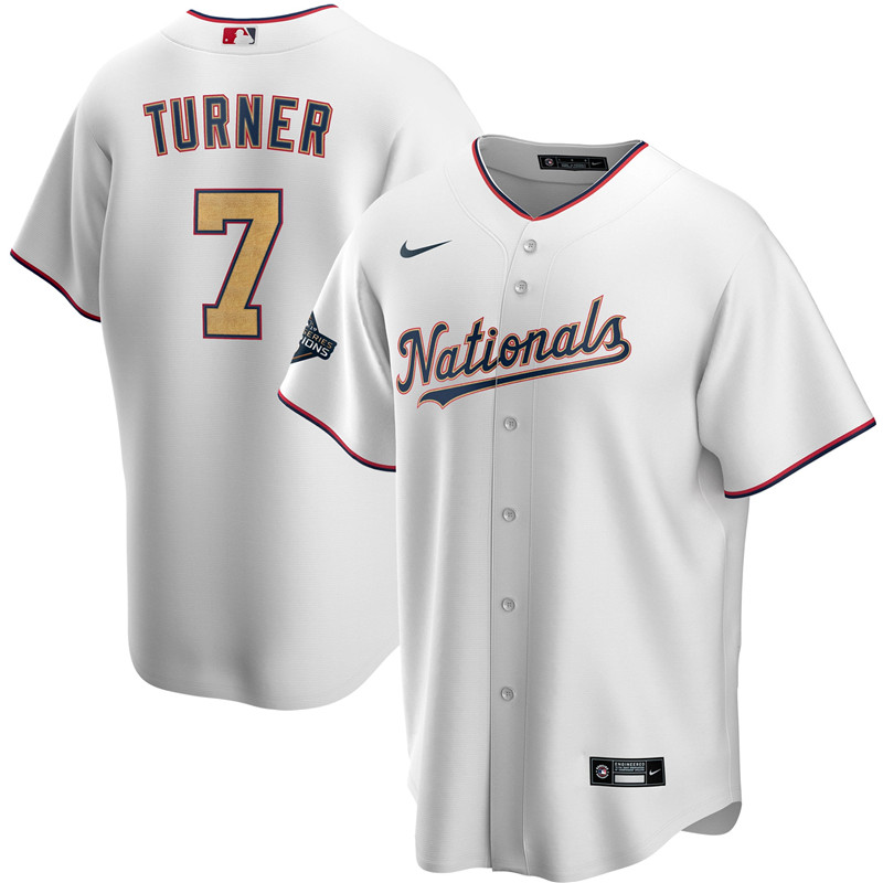 Nationals 7 Trea Turner White Gold Youth Nike 2020 Gold Program Cool Base Jersey