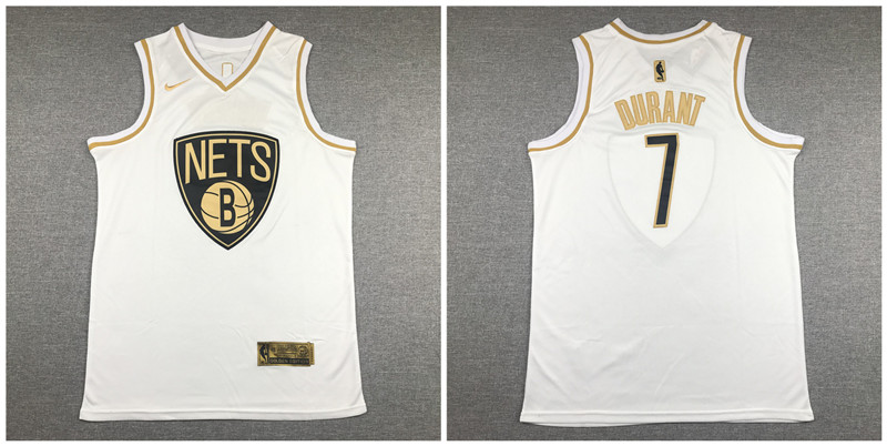 Nets 7 Kevin Durant White Gold Swingman Jersey