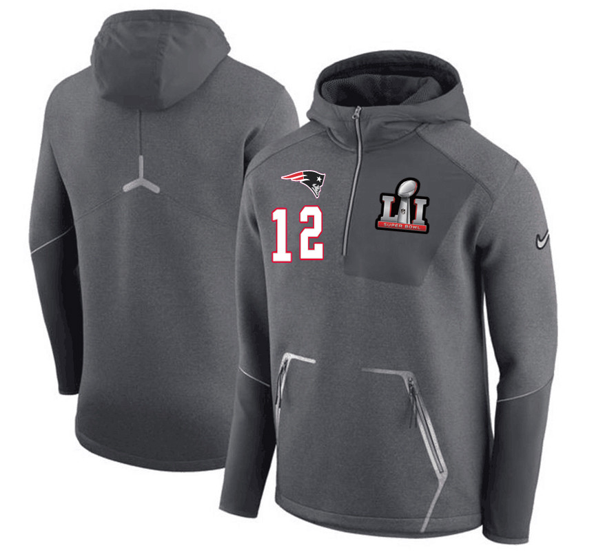 New England Patriots 12 Tom Brady  Super Bowl LI Bound Team Half Zip Performance Pullover Hoodie Gray