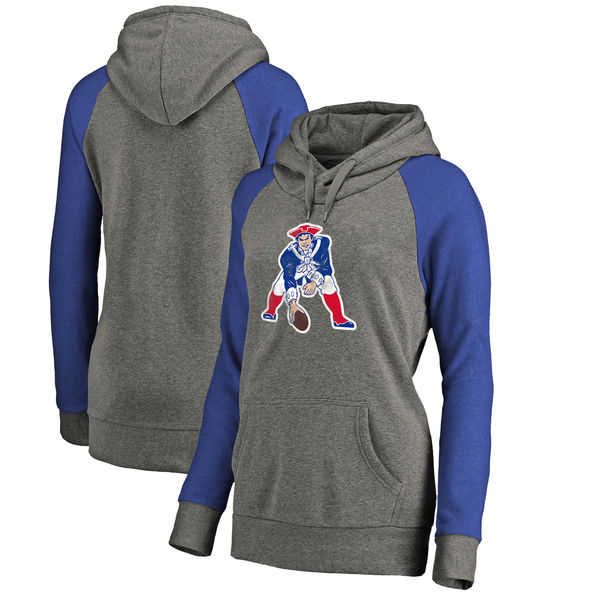 New England Patriots NFL Pro Line by Fanatics Branded Women's Throwback Logo Tri Blend Raglan Plus Size Pullover Hoodie Gray Royal