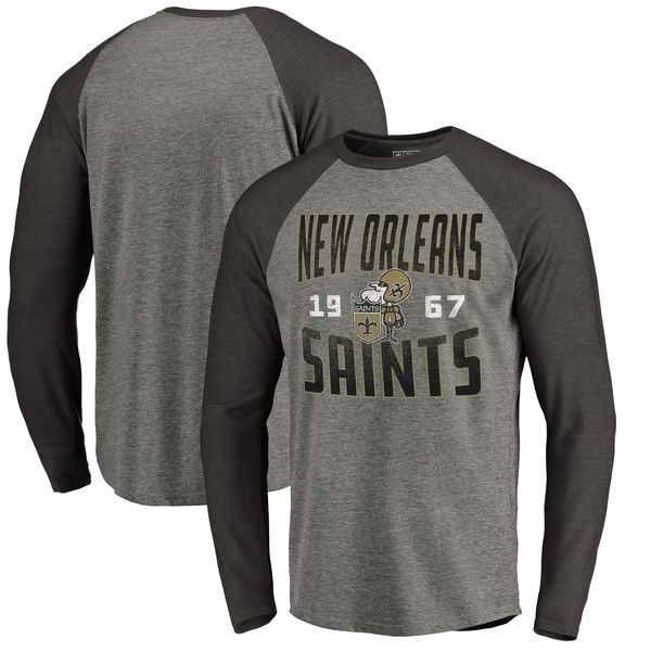 New Orleans Saints NFL Pro Line by Fanatics Branded Timeless Collection Antique Stack Long Sleeve Tri Blend Raglan T Shirt Ash