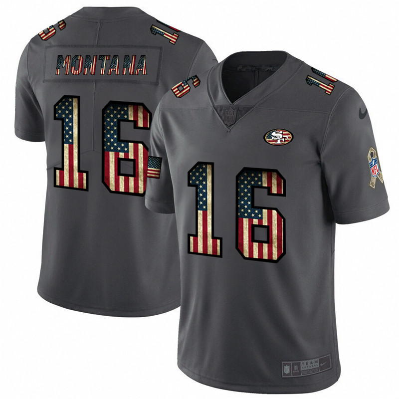 Nike 49ers 16 Joe Montana 2019 Salute To Service USA Flag Fashion Limited Jersey