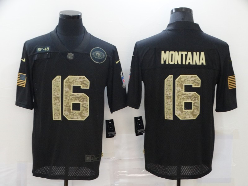 Nike 49ers 16 Joe Montana Black Camo 2020 Salute To Service Limited Jersey