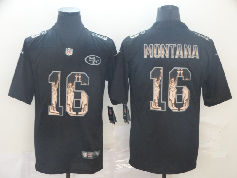 Nike 49ers 16 Joe Montana Black Statue of Liberty Limited Jersey