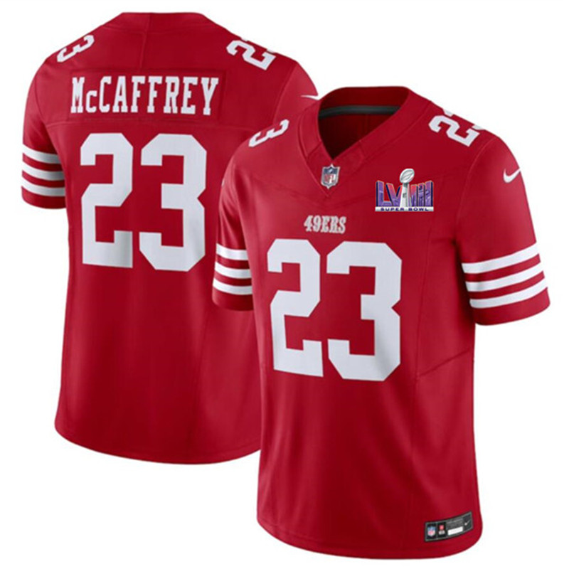 Nike 49ers 23 Christian McCaffrey Red 2024 Super Bowl LVIII Color Rush Vapor Untouchable Limited Jersey