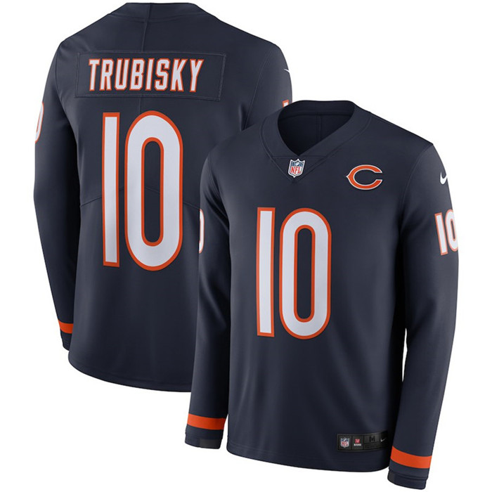  Bears 10 Mitchell Trubisky Navy Long Sleeve Limited Jersey