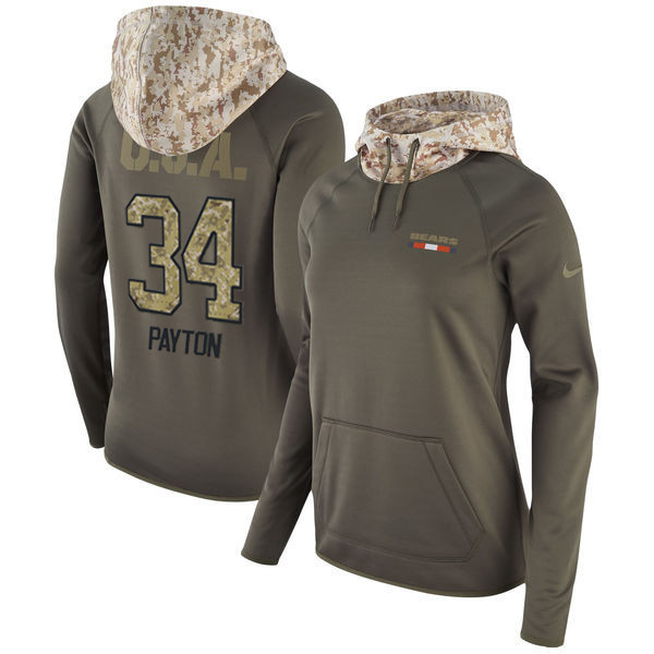  Bears 34 Walter Payton Olive Women Salute To Service Pullover Hoodie
