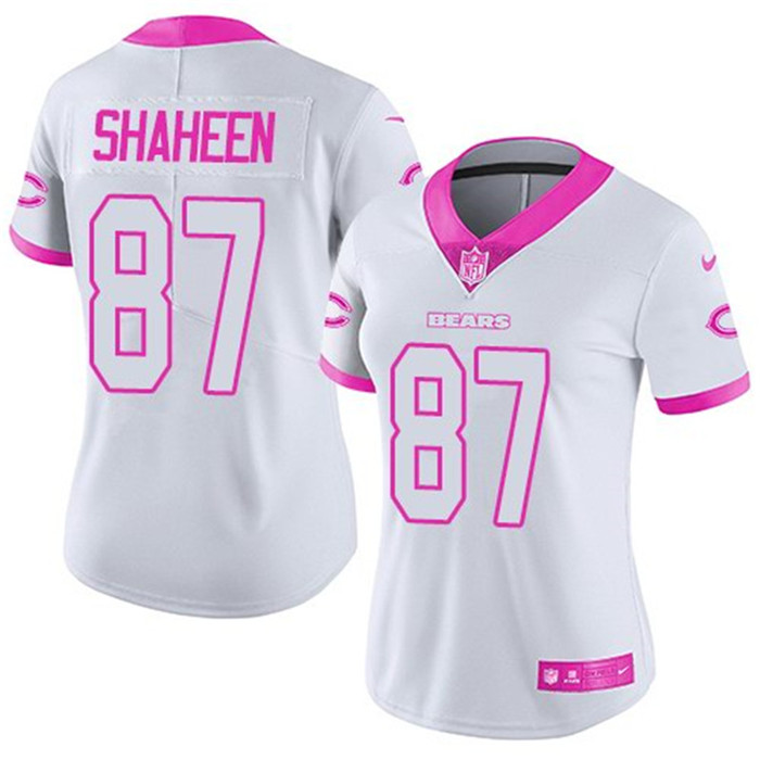  Bears 87 Adam Shaheen White Pink Women Rush Limited Jersey