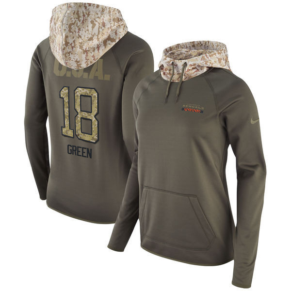  Bengals 18 A.J. Green Olive Women Salute To Service Pullover Hoodie