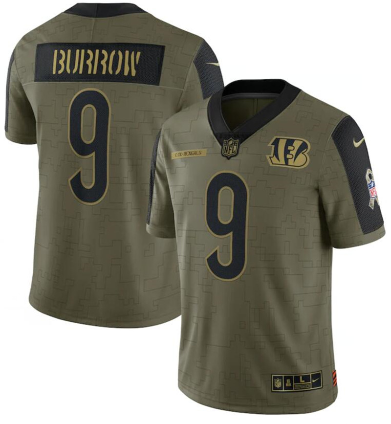 Nike Bengals 9 Joe Burrow Olive 2021 Salute To Service Limited Jersey