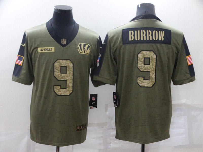 Nike Bengals 9 Joe Burrow Olive Camo 2021 Salute To Service Limited Jersey