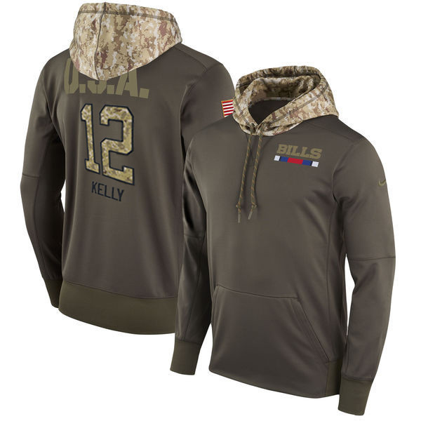  Bills 12 Jim Kelly Olive Salute To Service Pullover Hoodie