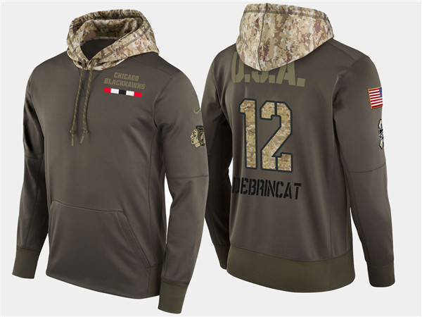  Blackhawks 12 Alex Debrincat Olive Salute To Service Pullover Hoodie