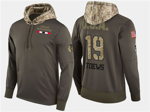  Blackhawks 19 Jonathan Toews Olive Salute To Service Pullover Hoodie