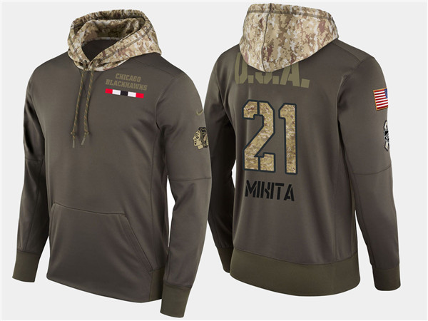  Blackhawks 21 Stan Mikita Retired Olive Salute To Service Pullover Hoodie