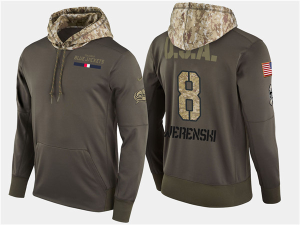  Blue Jackets 8 Zach Werenski Olive Salute To Service Pullover Hoodie