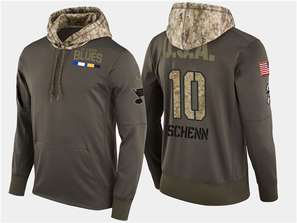  Blues 10 Brayden Schenn Olive Salute To Service Pullover Hoodie