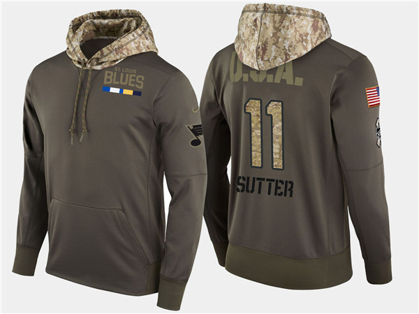  Blues 11 Brian Sutter Retired Olive Salute To Service Pullover Hoodie