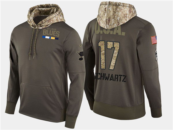  Blues 17 Jaden Schwartz Olive Salute To Service Pullover Hoodie