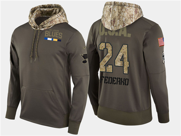  Blues 24 Bernie Federko Retired Olive Salute To Service Pullover Hoodie