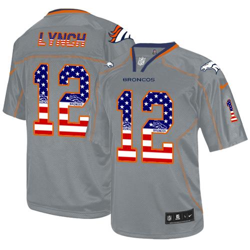  Broncos 12 Paxton Lynch Lights Out Grey Men Stitched NFL Elite USA Flag Fashion Jersey