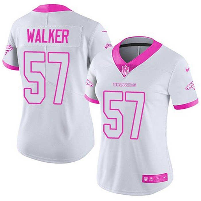  Broncos 57 Demarcus Walker White Pink Women Rush Limited Jersey