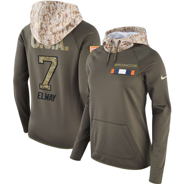  Broncos 7 John Elway Olive Women Salute To Service Pullover Hoodie