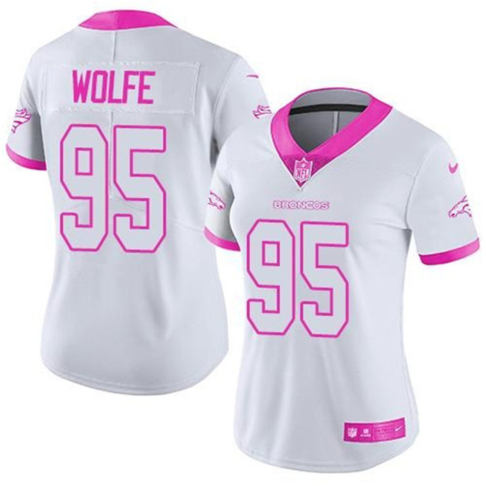  Broncos 95 Derek Wolfe White Pink Women Rush Limited Jersey