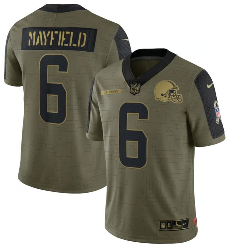 Nike Browns 6 Baker Mayfield Olive 2021 Salute To Service Limited Jersey