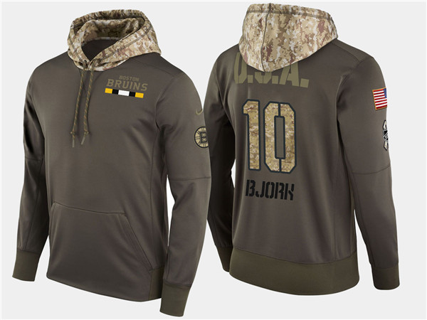  Bruins 10 Anders Bjork Olive Salute To Service Pullover Hoodie