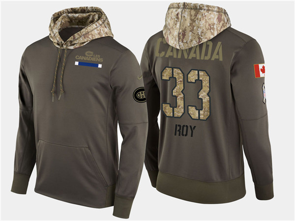  Canadiens 33 Patrick Roy Olive Salute To Service Pullover Hoodie