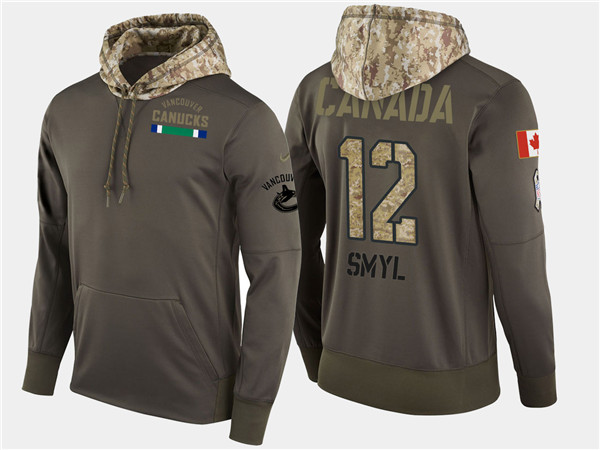  Canucks 12 Stan Smyl Retired Olive Salute To Service Pullover Hoodie