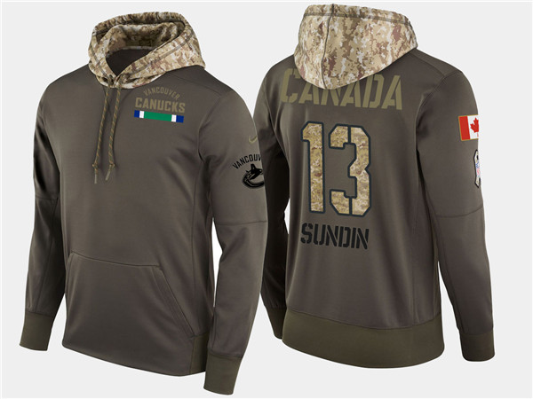  Canucks 13 Mats Sundin Retired Olive Salute To Service Pullover Hoodie