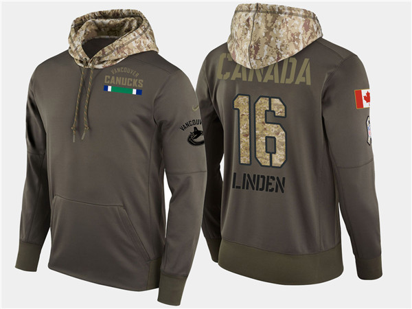  Canucks 16 Trevor Linden Retired Olive Salute To Service Pullover Hoodie