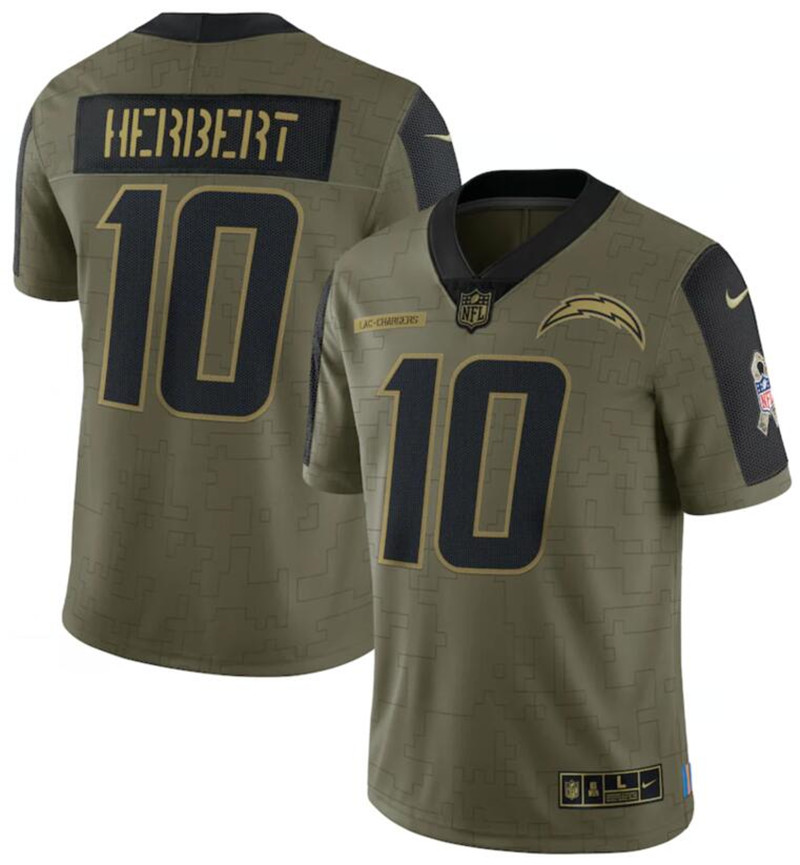 Nike Chargers 10 Justin Herbert Olive 2021 Salute To Service Limited Jersey