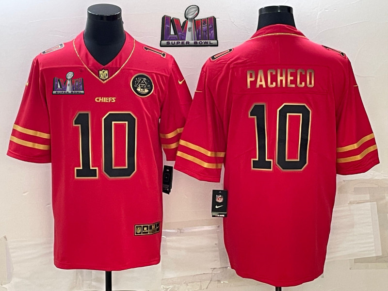 Nike Chiefs 10 Isiah Pacheco Red Gold 2024 Super Bowl LVIII Vapor Limited Jersey