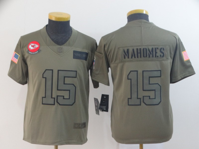 Nike Chiefs 15 Patrick Mahomes 2019 Olive Youth Salute To Service Limited Jersey