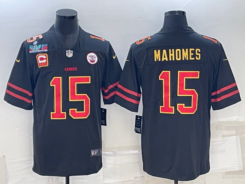 Nike Chiefs 15 Patrick Mahomes Black 2023 Super Bowl LVII C patch Vapor Limited Jersey