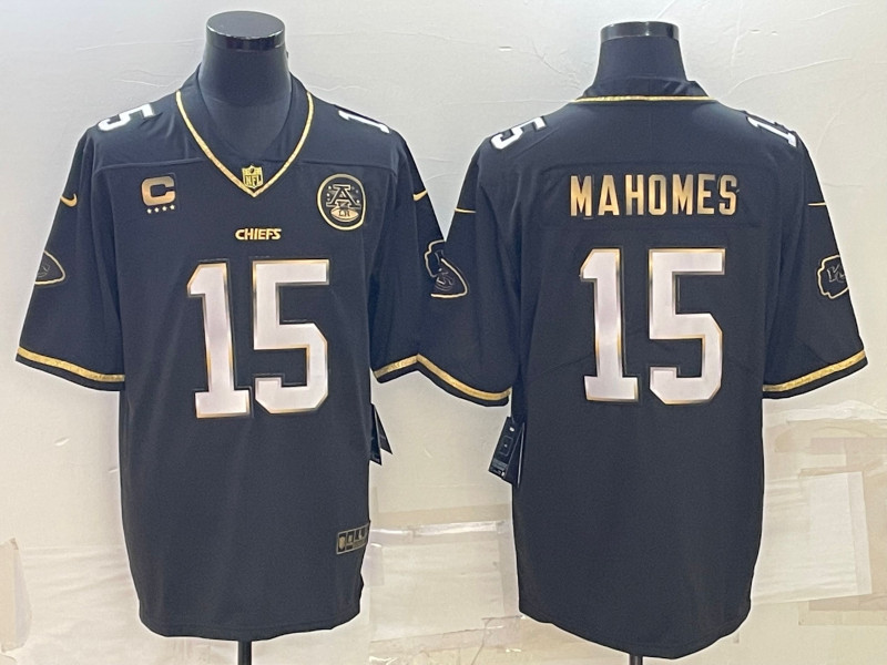 Nike Chiefs 15 Patrick Mahomes Black Gold C patch Vapor Limited Jersey