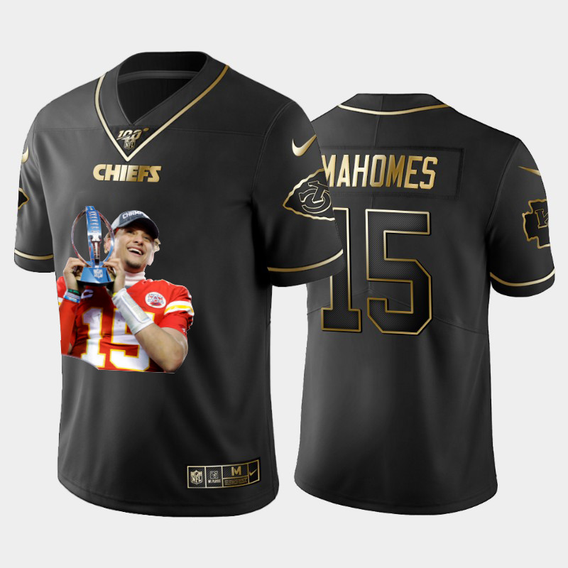 Nike Chiefs 15 Patrick Mahomes Black Gold Player Name Logo 100th Season Vapor Untouchable Limited Jersey
