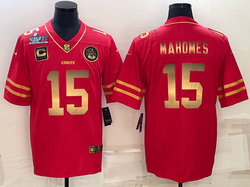 Nike Chiefs 15 Patrick Mahomes Red Gold 2023 Super Bowl LVII C patch Vapor Limited Jersey