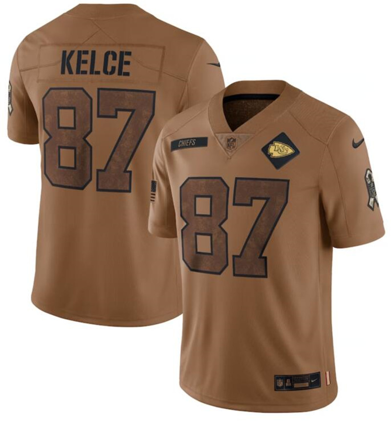 Nike Chiefs 87 Travis Kelce Brown 2023 Salute To Service Limited Jersey