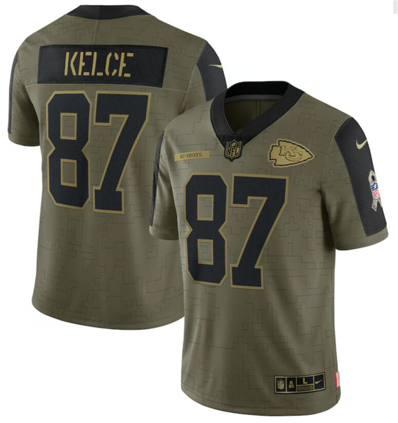 Nike Chiefs 87 Travis Kelce Olive 2021 Salute To Service Limited Jersey