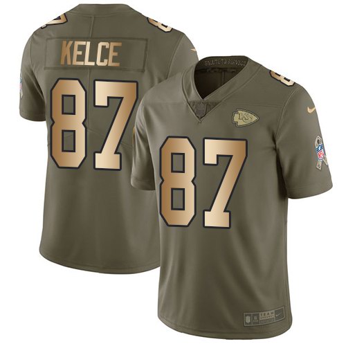  Chiefs 87 Travis Kelce Olive Gold Salute To Service Limited Jersey