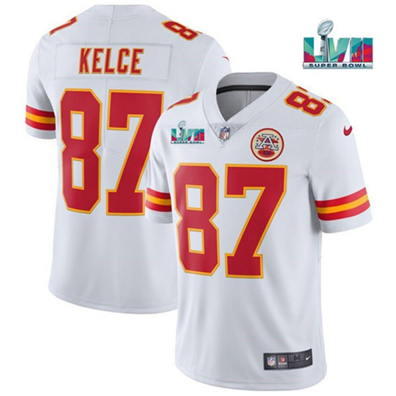 Nike Chiefs 87 Travis Kelce White 2023 Super Bowl LVII Vapor Limited Jersey